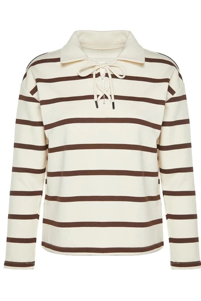 Kadın Regular Polo Yaka Standart Kol Regular Polo Yaka Bağlama Detaylı Kalın Fit Örme Sweatshirt