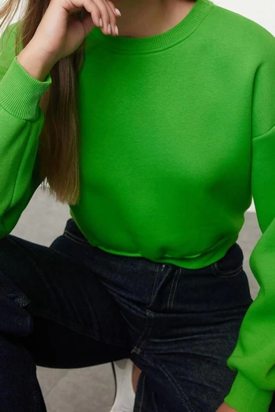 Kadın Moda Şık Crop Dik Yaka Düşük Kol Crop Rahat Kesim Crop Basic Kalın İçi polarlı Örme Sweatshirt - 2
