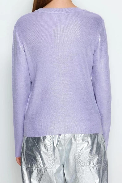 Kadın Moda Şık Bisiklet Yaka Standart Kol Regular Basic Varak Baskılı Triko Kazak - 5