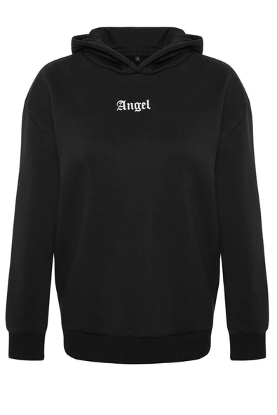 Kadın Bol Kapüşonlu Düşük Kol Uzun Kalın İçi Polarlı Ön ve Arka Baskılı Geniş Kalıp Örme Sweatshirt