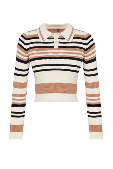 Kadın Moda Şık Polo Yaka Standart Kol Crop Çizgili Triko Kazak