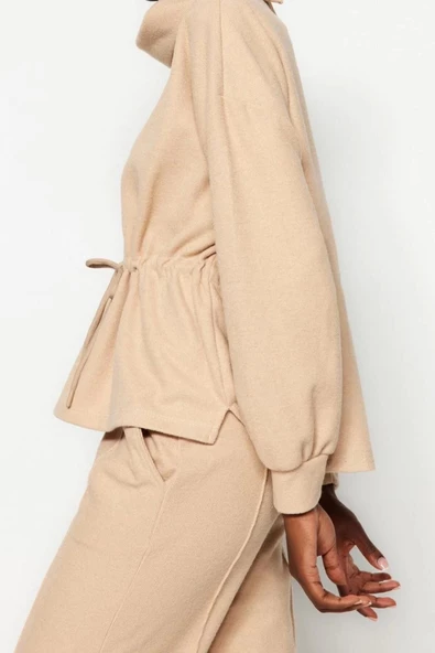 Kadın Moda Regular Dik Yaka Standart Kol Regular Selanik Triko Büzgülü Normal Kalıp Örme Sweatshirt - 3