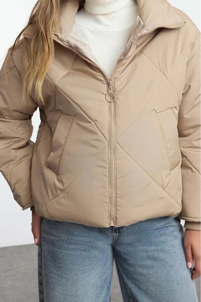 Kadın Moda Şık Oversize Dik Yaka Standart Düz Astarlı Oversize Su İtici Şişme Kapitone Mont - 3