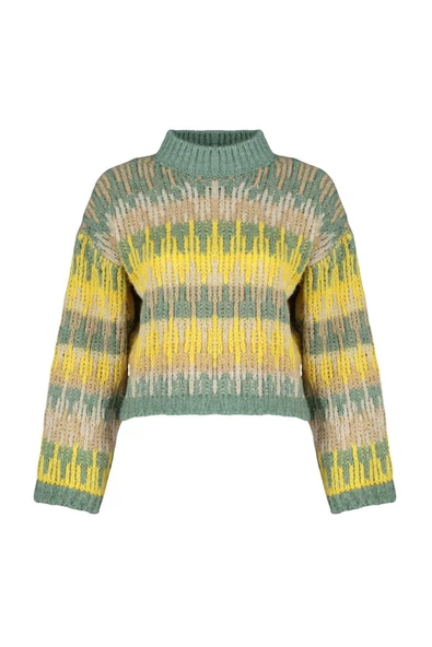 Kadın Moda Şık Dik Yaka Düşük Kol Crop Yumuşak Dokulu Kalın Triko Kazak