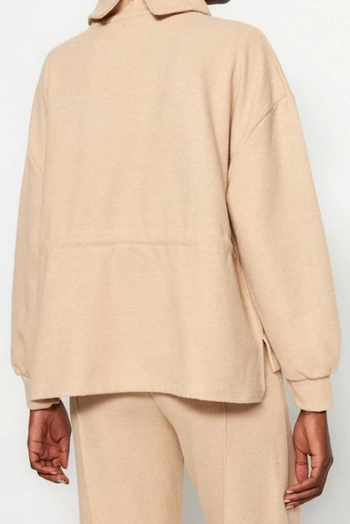 Kadın Moda Regular Dik Yaka Standart Kol Regular Selanik Triko Büzgülü Normal Kalıp Örme Sweatshirt - 6