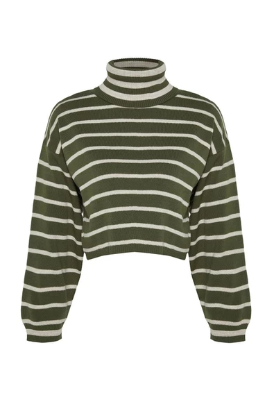 Kadın Moda Şık Balıkçı Yaka Düşük Kol Crop Çizgili Triko Kazak