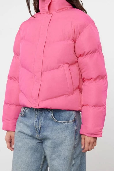 Kadın Moda Şık Regular Dik Yaka Standart Düz Astarlı Regular Su İtici Şişme Mont - 5
