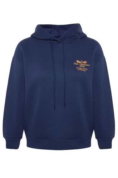 Kadın Kapüşonlu Düşük Kol Standart Normal Kalıp Nakışlı Kalın Polarlı Örme Sweatshirt