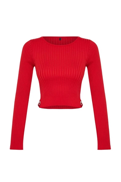 Kadın Moda Şık Bisiklet Yaka Standart Kol Crop Kalp Aksesuarlı Triko Kazak
