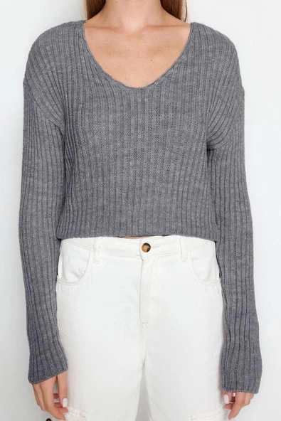 Kadın Moda Şık V Yaka Standart Kol Crop Basic Triko Kazak