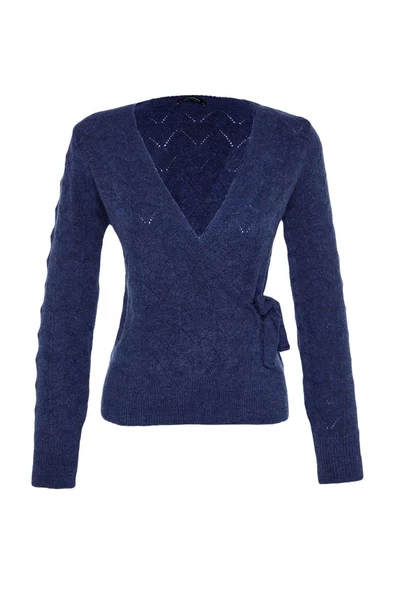 Kadın Moda Şık Kruvaze Standart Kol Regular Yumuşak Dokulu Yaka Triko Kazak