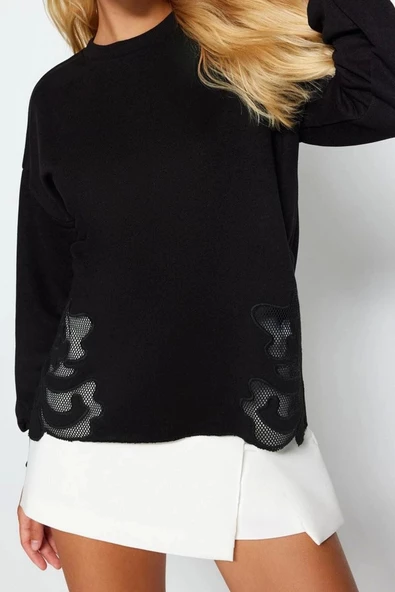Kadın Moda Şık Relaxed Bisiklet Yaka Standart Kol Regular Basic İnce Aplike Detaylı Örme Sweatshirt - 3