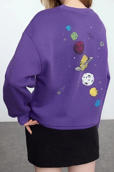 Kadın Regular Bisiklet Yaka Düşük Kol Regular Kalın İçi Polarlı Baskılı Normal Kalıp Örme Sweatshirt - 3