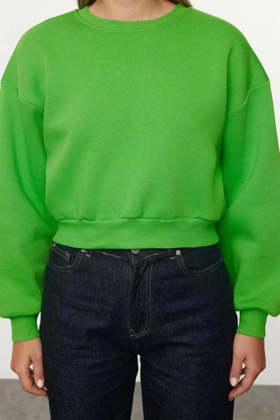 Kadın Moda Şık Crop Dik Yaka Düşük Kol Crop Rahat Kesim Crop Basic Kalın İçi polarlı Örme Sweatshirt