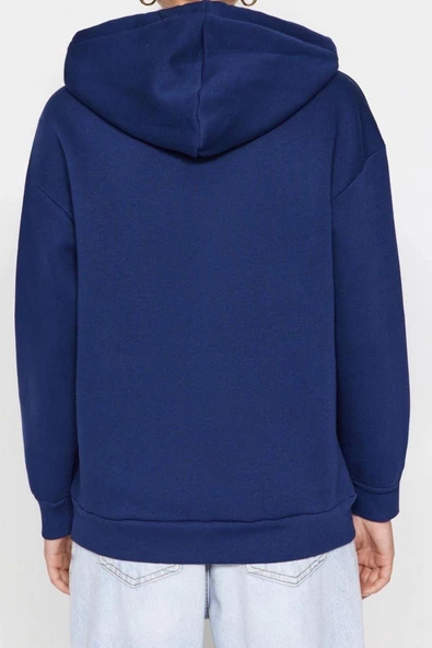 Kadın Kapüşonlu Düşük Kol Standart Normal Kalıp Nakışlı Kalın Polarlı Örme Sweatshirt - 6