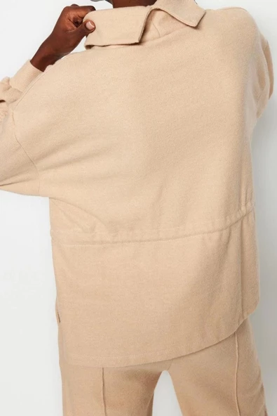 Kadın Moda Regular Dik Yaka Standart Kol Regular Selanik Triko Büzgülü Normal Kalıp Örme Sweatshirt - 5