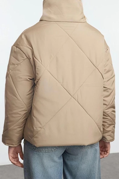 Kadın Moda Şık Oversize Dik Yaka Standart Düz Astarlı Oversize Su İtici Şişme Kapitone Mont - 5