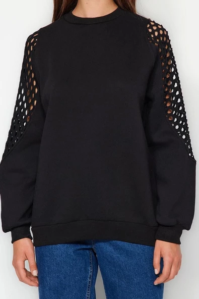 Kadın Bisiklet Yaka Düşük Kol File Detaylı Kalın İçi Polarlı Normal Kalıp Örme Sweatshirt
