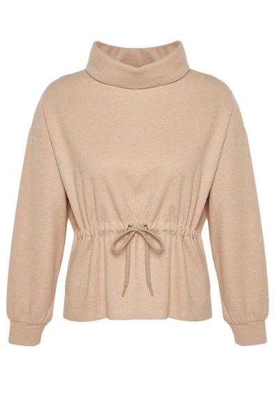 Kadın Moda Regular Dik Yaka Standart Kol Regular Selanik Triko Büzgülü Normal Kalıp Örme Sweatshirt