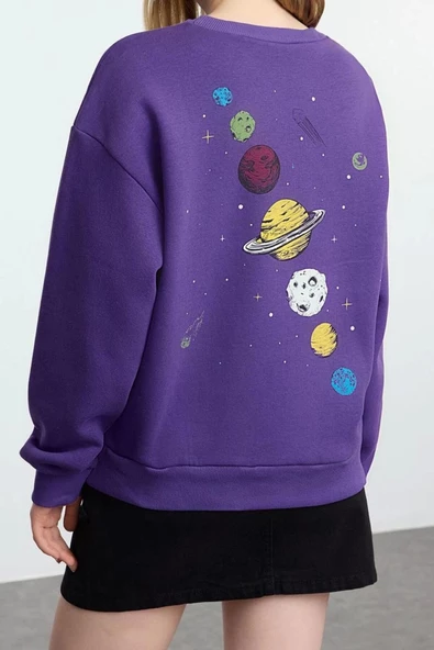 Kadın Regular Bisiklet Yaka Düşük Kol Regular Kalın İçi Polarlı Baskılı Normal Kalıp Örme Sweatshirt - 5