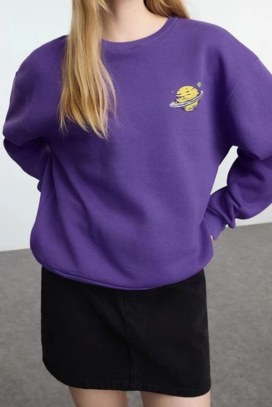 Kadın Regular Bisiklet Yaka Düşük Kol Regular Kalın İçi Polarlı Baskılı Normal Kalıp Örme Sweatshirt - 2