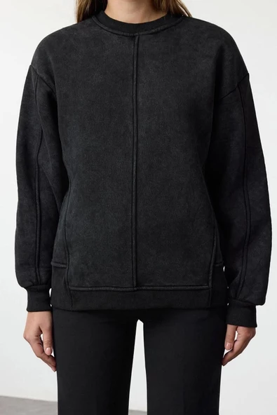 Kadın Regular Bisiklet Yaka Düşük Kol Regular Eskitme Kalın İçi Polarlı Normal Kalıp Örme Sweatshirt