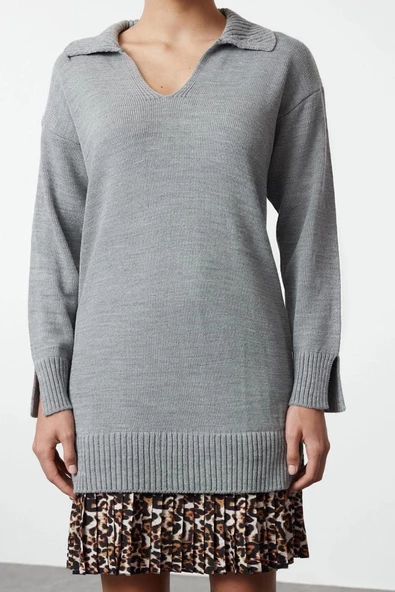 Kadın Moda Şık Mini Boy Polo Yaka Regular Triko Garnili Elbise