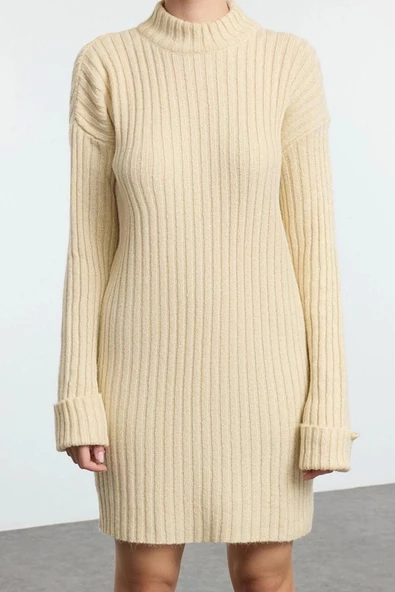 Kadın Moda Şık Mini Boy Dik Yaka Slim Triko Yumuşak Dokulu Tozluklu Elbise