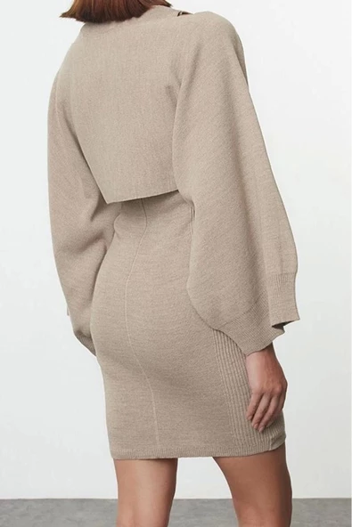 Kadın Moda Şık Mini Boy Bisiklet Yaka Slim Triko Bolero-Elbise Takım - 4
