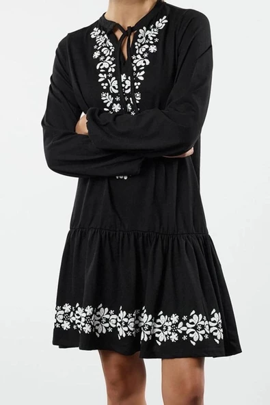 Kadın Moda Şık Mini Boy V Yaka Regular Balon Kol Baskılı A-line Çan Açılan Örme Elbise - 2