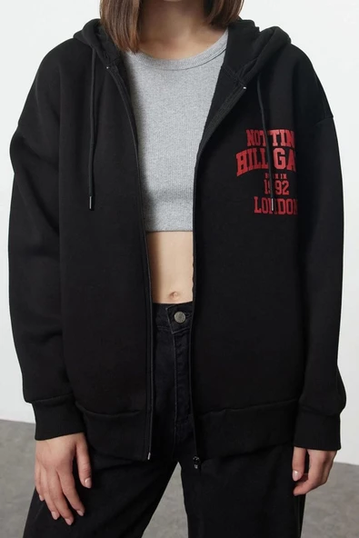 Kadın Moda Şık Bol Kapüşonlu Düşük Kol Uzun Sırt Baskılı Fermuarlı Kalın İçi Polarlı Örme Sweatshirt - 3
