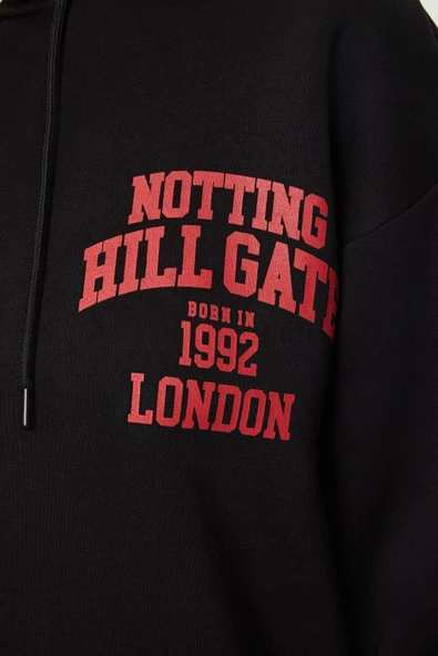 Kadın Moda Şık Bol Kapüşonlu Düşük Kol Uzun Sırt Baskılı Fermuarlı Kalın İçi Polarlı Örme Sweatshirt - 4
