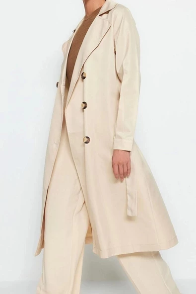 Kadın Moda Şık Oversize Ceket Yaka Uzun Düz Astarsız Kuşaklı Su İtici Uzun Trençkot - 3