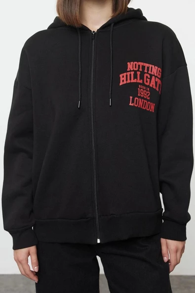Kadın Moda Şık Bol Kapüşonlu Düşük Kol Uzun Sırt Baskılı Fermuarlı Kalın İçi Polarlı Örme Sweatshirt