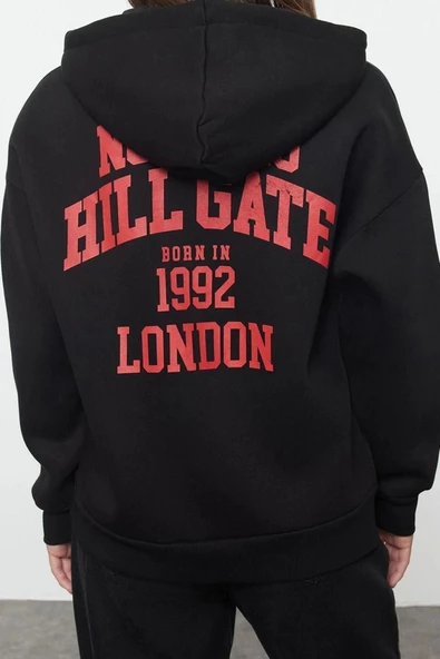 Kadın Moda Şık Bol Kapüşonlu Düşük Kol Uzun Sırt Baskılı Fermuarlı Kalın İçi Polarlı Örme Sweatshirt - 5