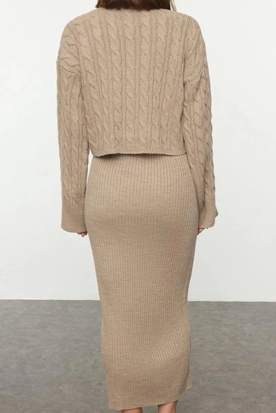 Kadın Moda Şık Regular Boy Balıkçı Yaka Regular Triko Kazak-Elbise Takım - 6