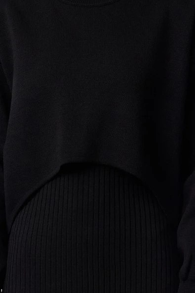 Kadın Moda Şık Midi Boy Bisiklet Yaka Regular Triko Kazak-Elbise Takım - 4