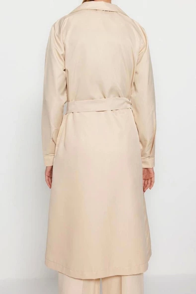 Kadın Moda Şık Oversize Ceket Yaka Uzun Düz Astarsız Kuşaklı Su İtici Uzun Trençkot - 6