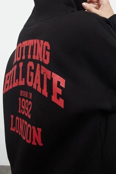 Kadın Moda Şık Bol Kapüşonlu Düşük Kol Uzun Sırt Baskılı Fermuarlı Kalın İçi Polarlı Örme Sweatshirt - 2