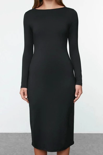 Kadın Moda Şık Midi Boy Kayık Yaka Slim Düz Bodycone Vücuda Oturan Polyamid Örme Elbise