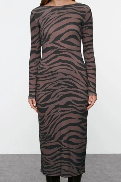 Kadın Moda Maxi Boy Bisiklet Yaka Slim Animal Zebra Baskılı Fitted Vücuda Oturan Esnek Örme Elbise