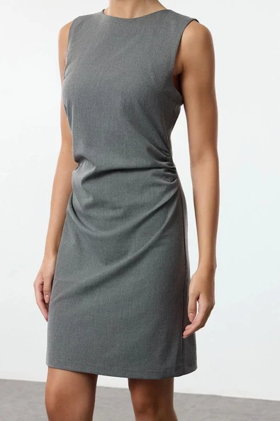 Kadın Moda Şık Mini Boy Bisiklet Yaka Slim Düz Vücudu Saran Drape Detaylı Dokuma Elbise