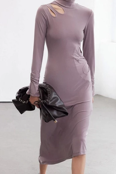 Kadın Moda Şık Midi Boy Dik Yaka Slim Limited Edition Vücuda Oturan Cut Out Detaylı Örme Elbise - 2