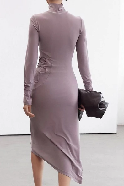 Kadın Moda Şık Midi Boy Dik Yaka Slim Limited Edition Vücuda Oturan Cut Out Detaylı Örme Elbise - 4