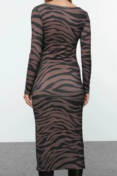 Kadın Moda Maxi Boy Bisiklet Yaka Slim Animal Zebra Baskılı Fitted Vücuda Oturan Esnek Örme Elbise - 4