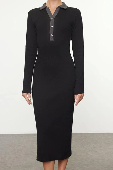 Kadın Moda Midi Boy Düğmeli Yaka Slim Renk Bloklu Bodycone Vücuda Oturan Çıtçıt Detaylı Örme Elbise