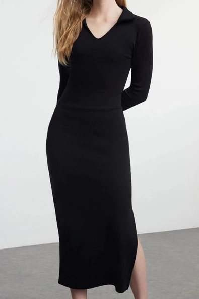 Kadın Moda Şık Midi Boy V Yaka Fitted Düz Polo Yaka Bodycone Vücuda Oturan Örme Elbise - 2