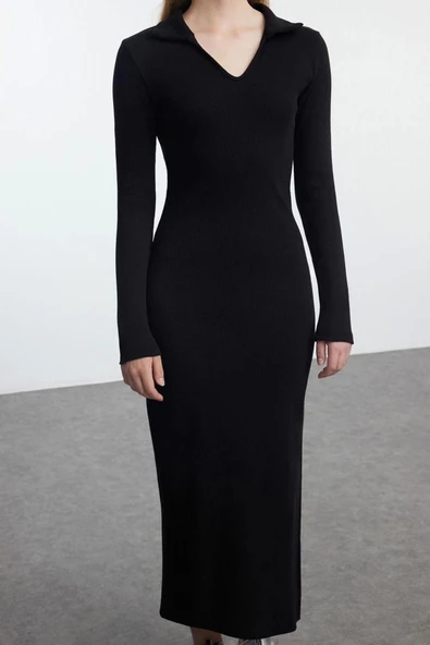 Kadın Moda Şık Midi Boy V Yaka Fitted Düz Polo Yaka Bodycone Vücuda Oturan Örme Elbise - 1
