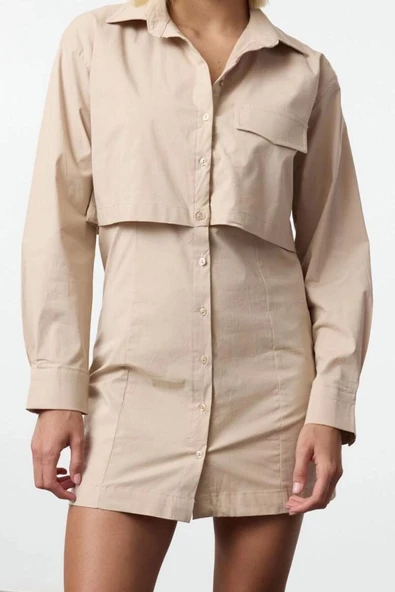 Kadın Moda Şık Mini Boy Gömlek Yaka Regular A Kesim Cep Detaylı Dokuma Elbise - 3