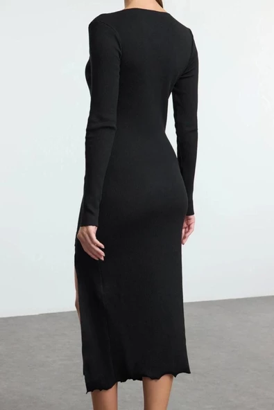 Kadın Moda Şık Midi Boy Kayık Yaka Slim Düz Yırtmaçlı Fitted Vücuda Oturan Yırtmaçlı Örme Elbise - 5